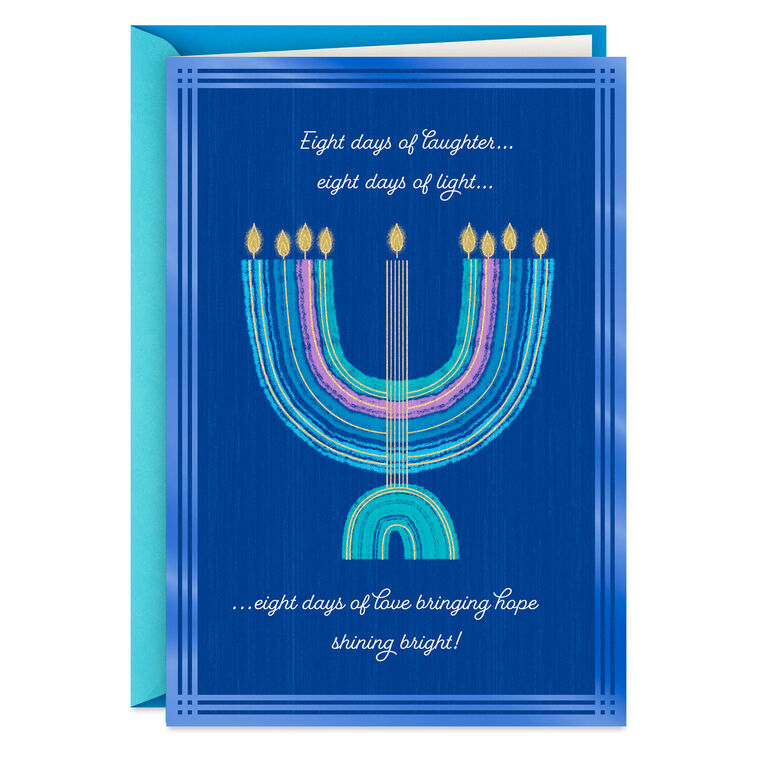 Colorful Menorah on Blue Hanukkah Card Card Front image number 1