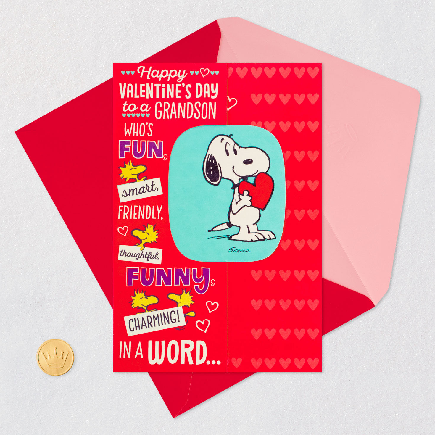 Snoopy Joe Cool Valentine's Day Card for Grandson Card Front with Envelope and Gold Seal image number 5