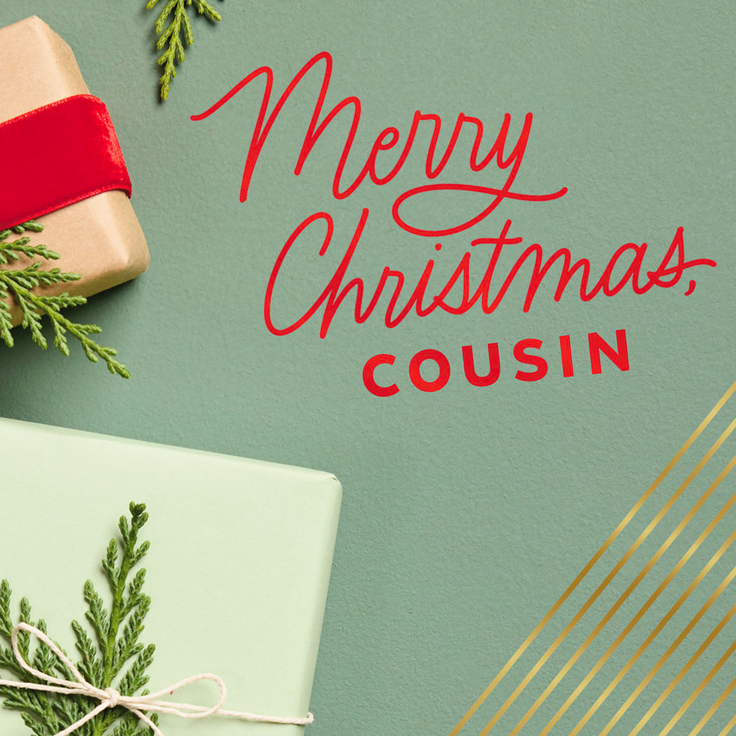 Wrapped Holiday Gifts Cousin Christmas Card Card Front Detail image number 4