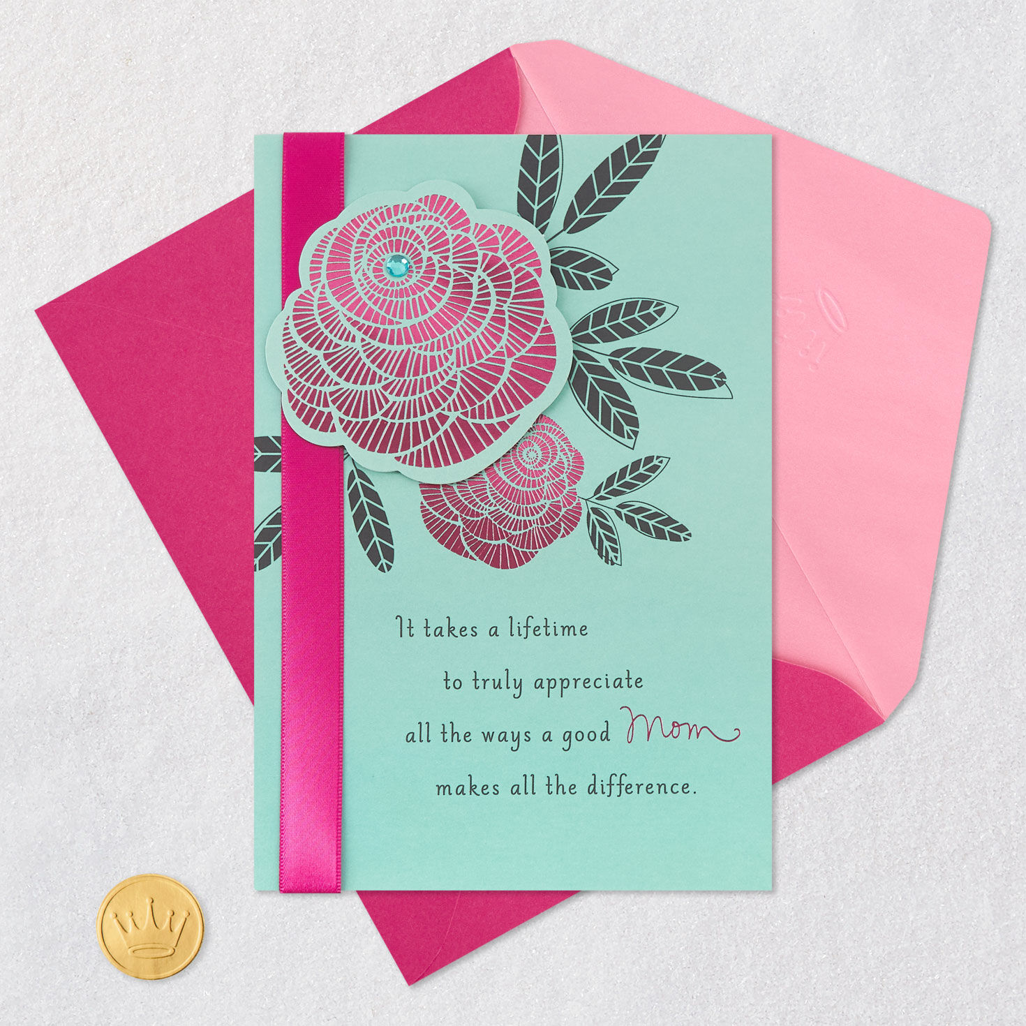 Pink Flowers on Blue Mom Birthday Card Card Front with Envelope and Gold Seal image number 6