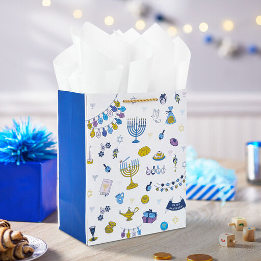 9.6" Tree of Life Festive Icons Medium Hanukkah Gift Bag, 