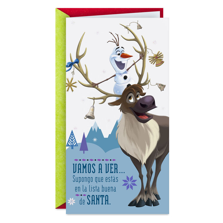Disney Frozen Olaf and Sven Santa's Good List Spanish-Language Money Holder Christmas Card