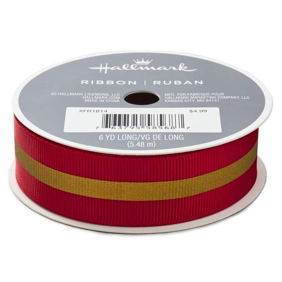 Red With Gold Stripe Grosgrain 7/8" Ribbon, 18'