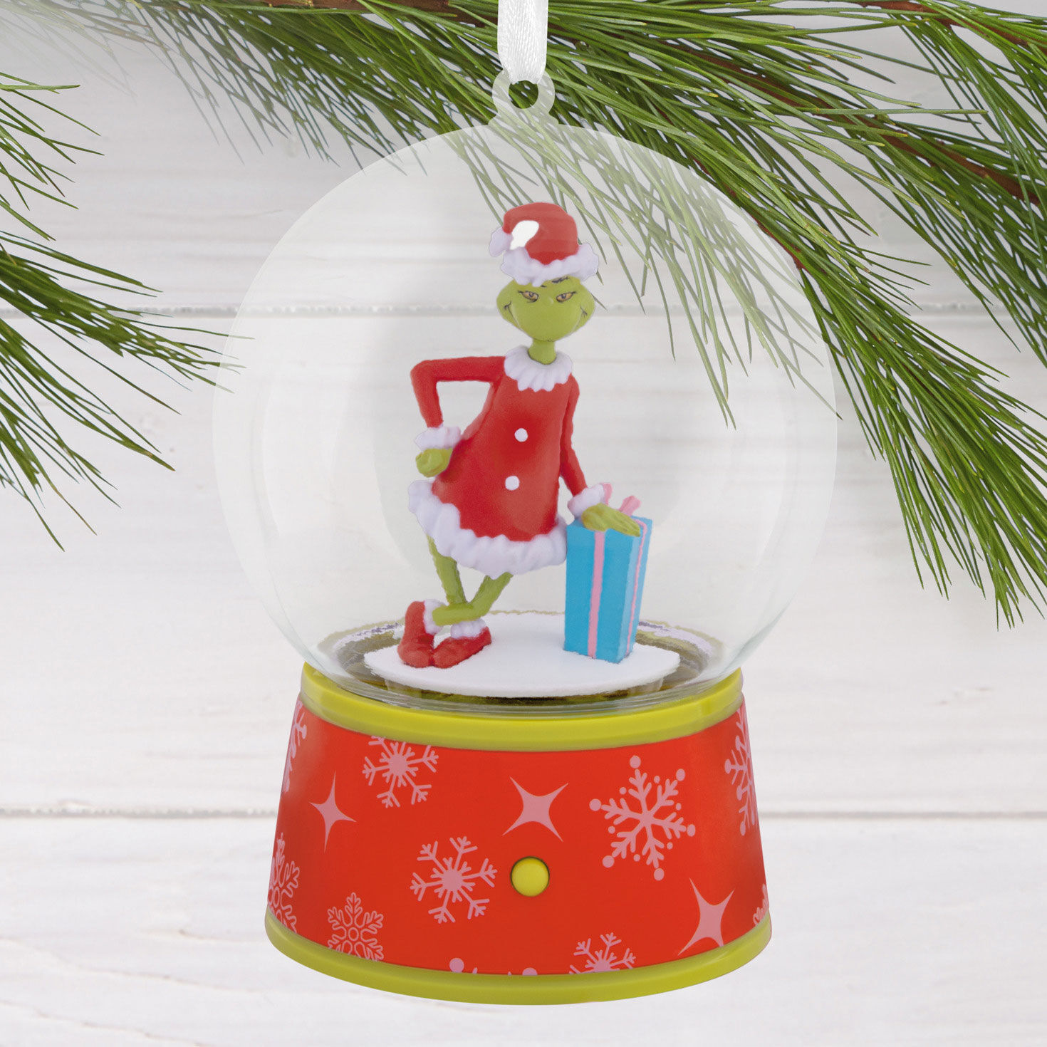 Grinch Snow Globe Christmas Ornament hanging on tree image number 2