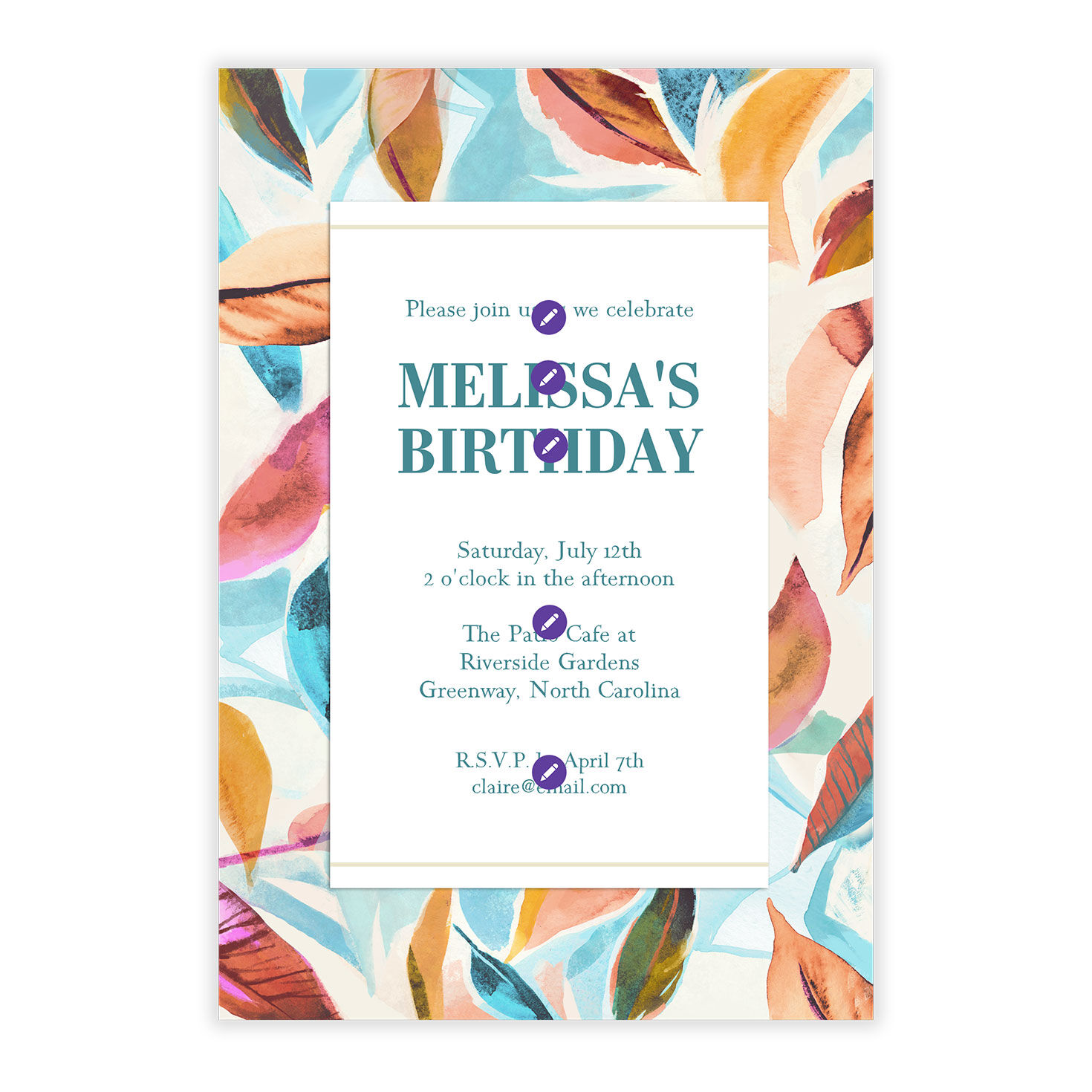 Colorful Leaves Personalized Party Invitation Card Front indicating personalization image number 5