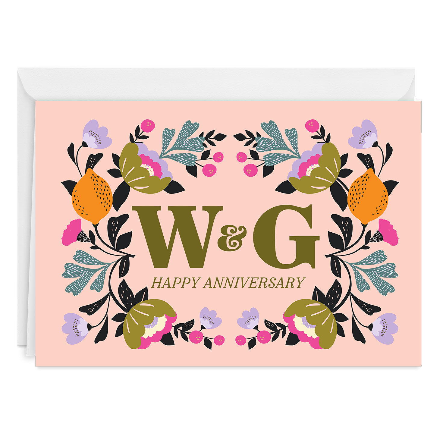 Artistic Botanicals Initials Custom Anniversary Card