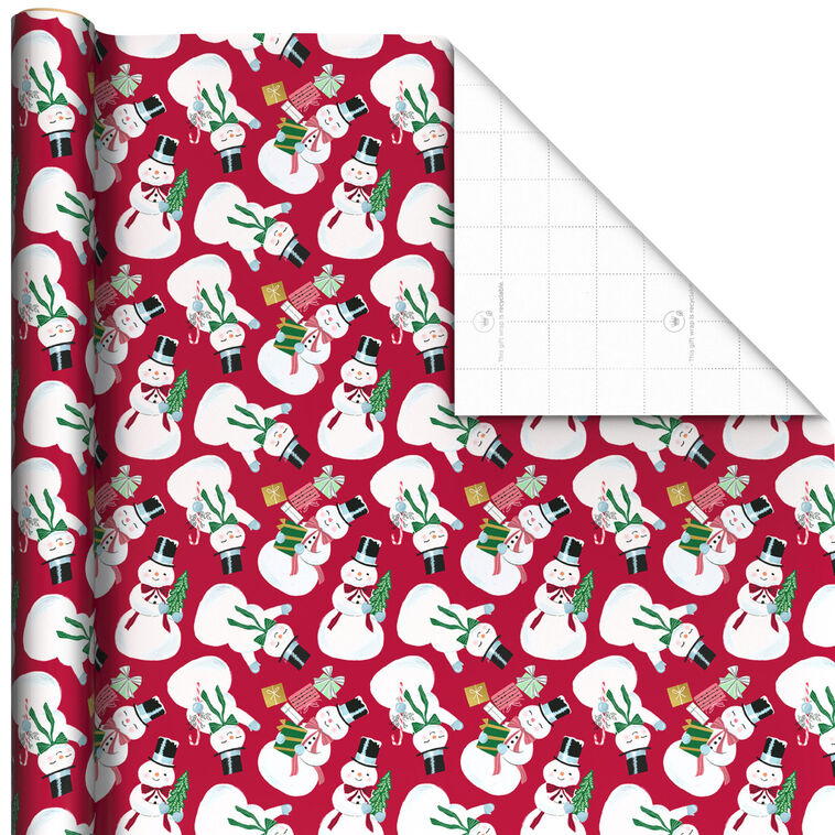 Snowmen on Red Christmas Wrapping Paper Roll, 35 sq. ft.