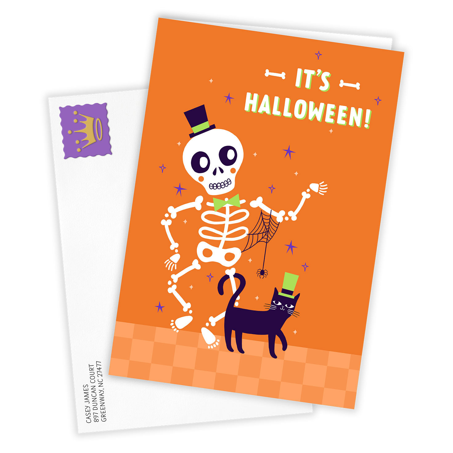 Fun Skeleton and Cat Personalized Halloween Card Card Front with Envelope image number 2
