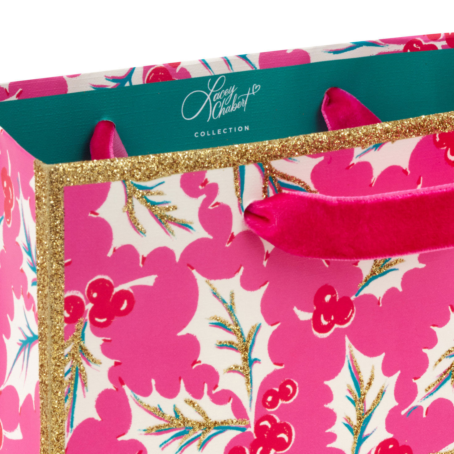 Lacey Chabert Holly Small Pink Christmas Gift Bag Handle Detail image number 4