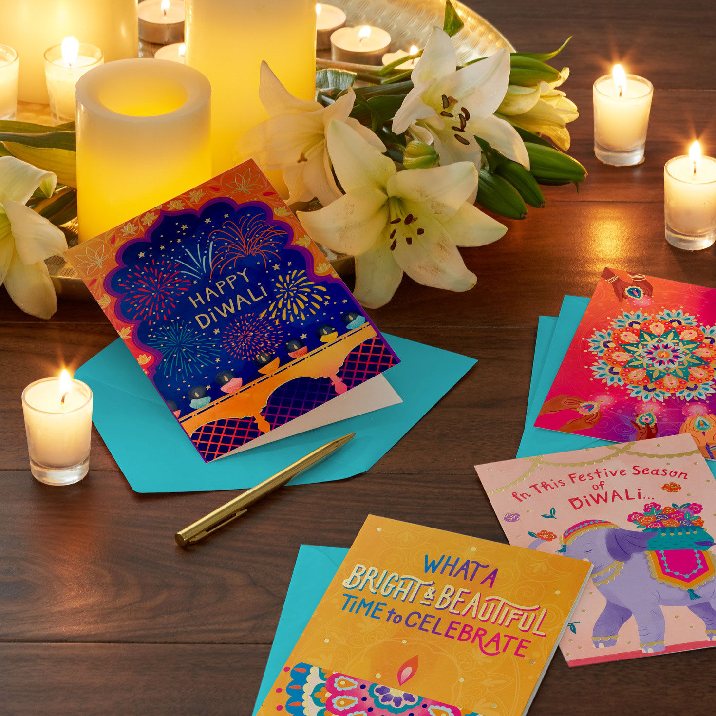 Colorful Mandala and Candle Diwali Card Assortment in use image number 6