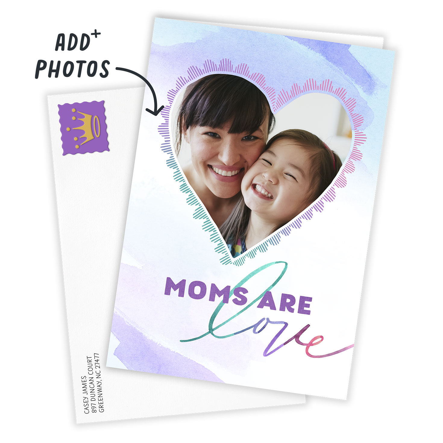 Photo Heart on Purple Personalized Mother's Day Card Card Front with envelope indicating personalization image number 2