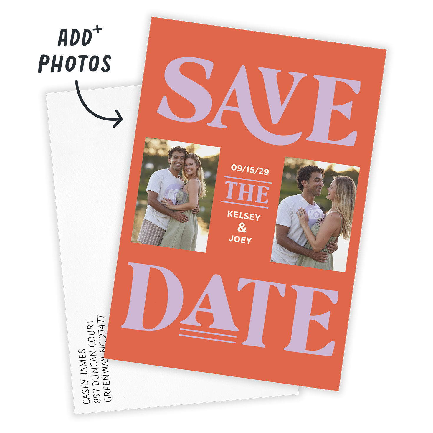 Purple Letters on Orange Personalized Save the Date Card Open Card with Envelope indicating personalization image number 2