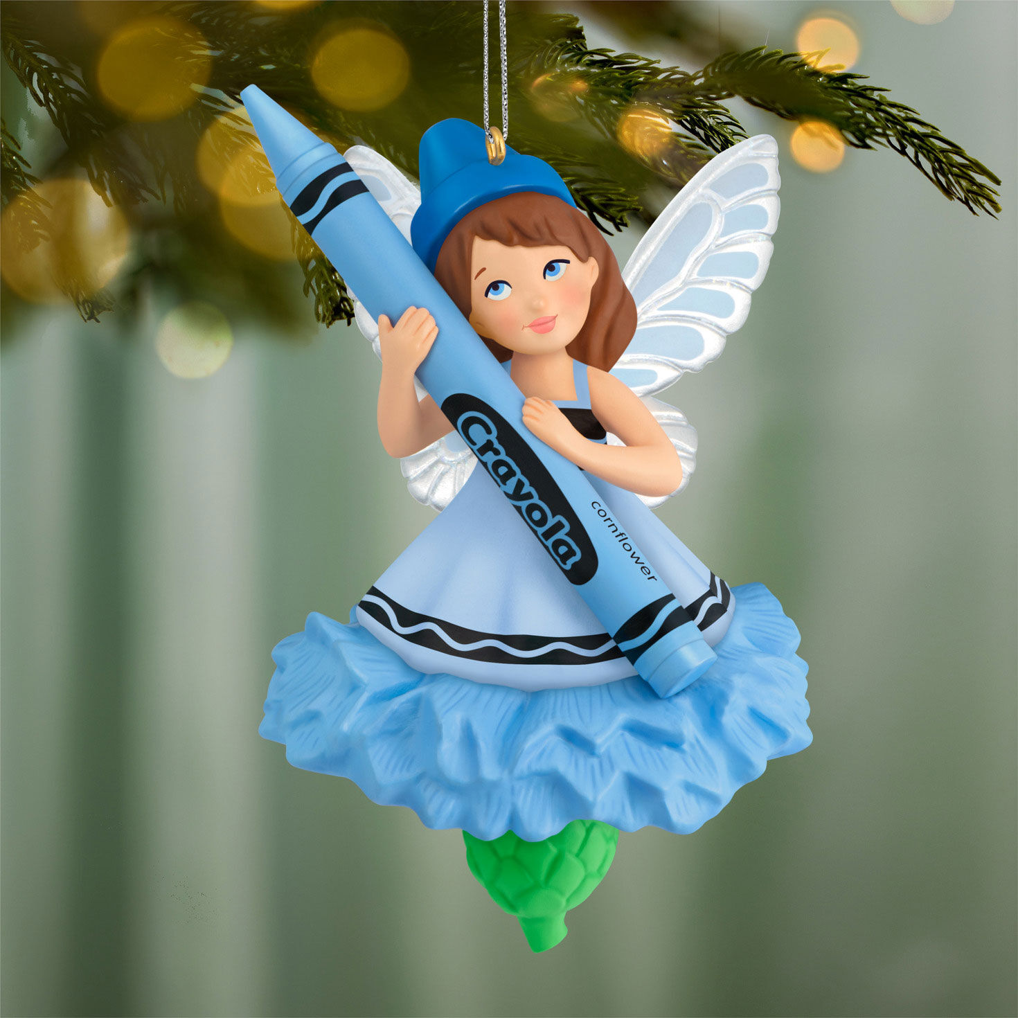 Blue Fairy With Crayon Keepsake Ornament hanging on tree image number 2