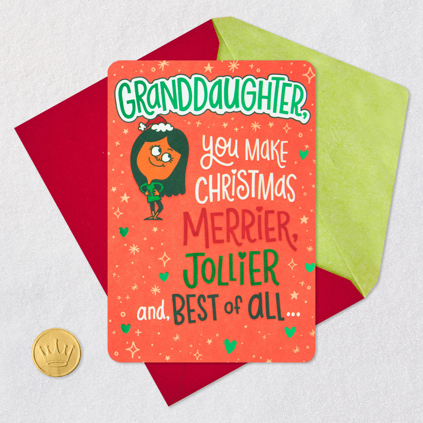 Pink and Green Pop-Up Granddaughter Christmas Card Card Front with Envelope and Gold Seal image number 5