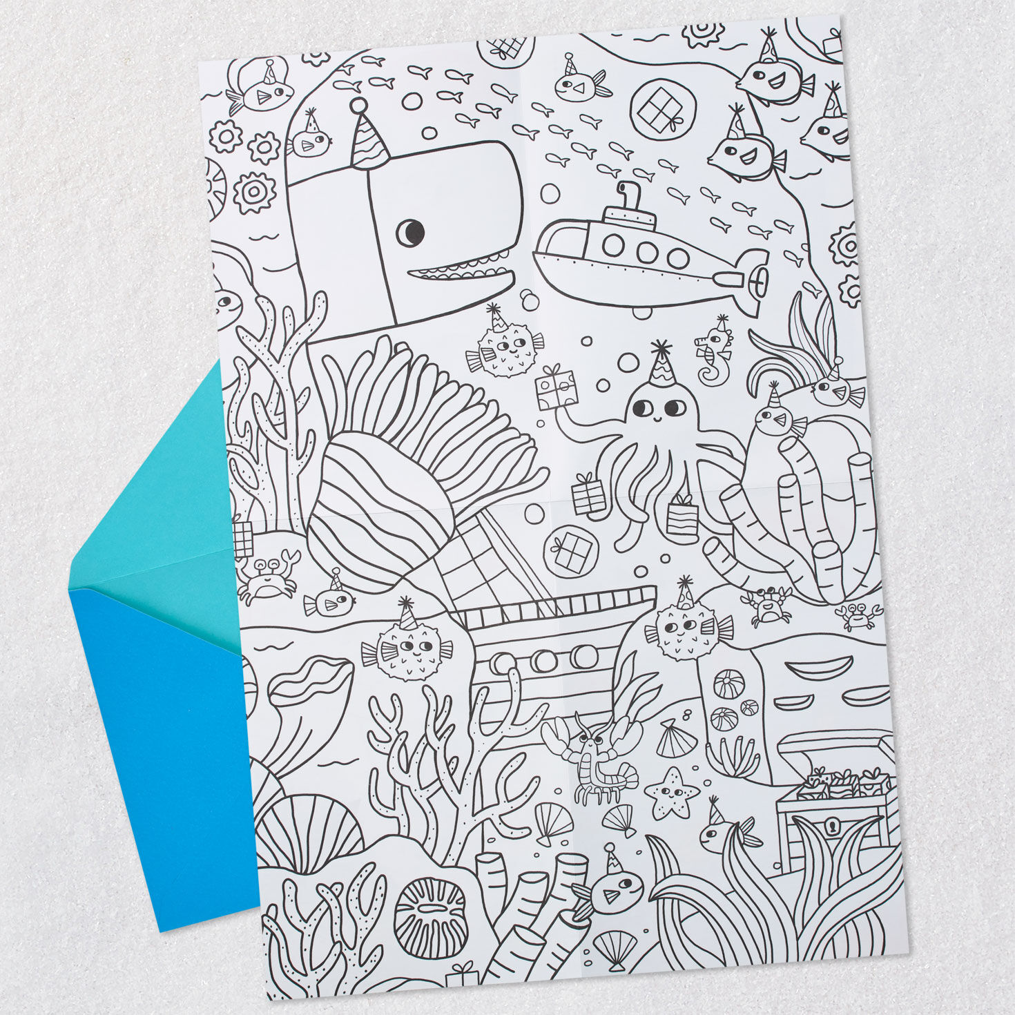 Ocean Animals Kids Coloring Birthday Card Open card with envelope image number 4