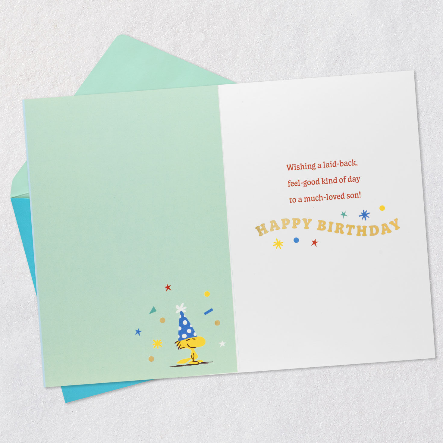 Snoopy Sleeping on Red Doghouse Son Birthday Card Open card with envelope image number 3