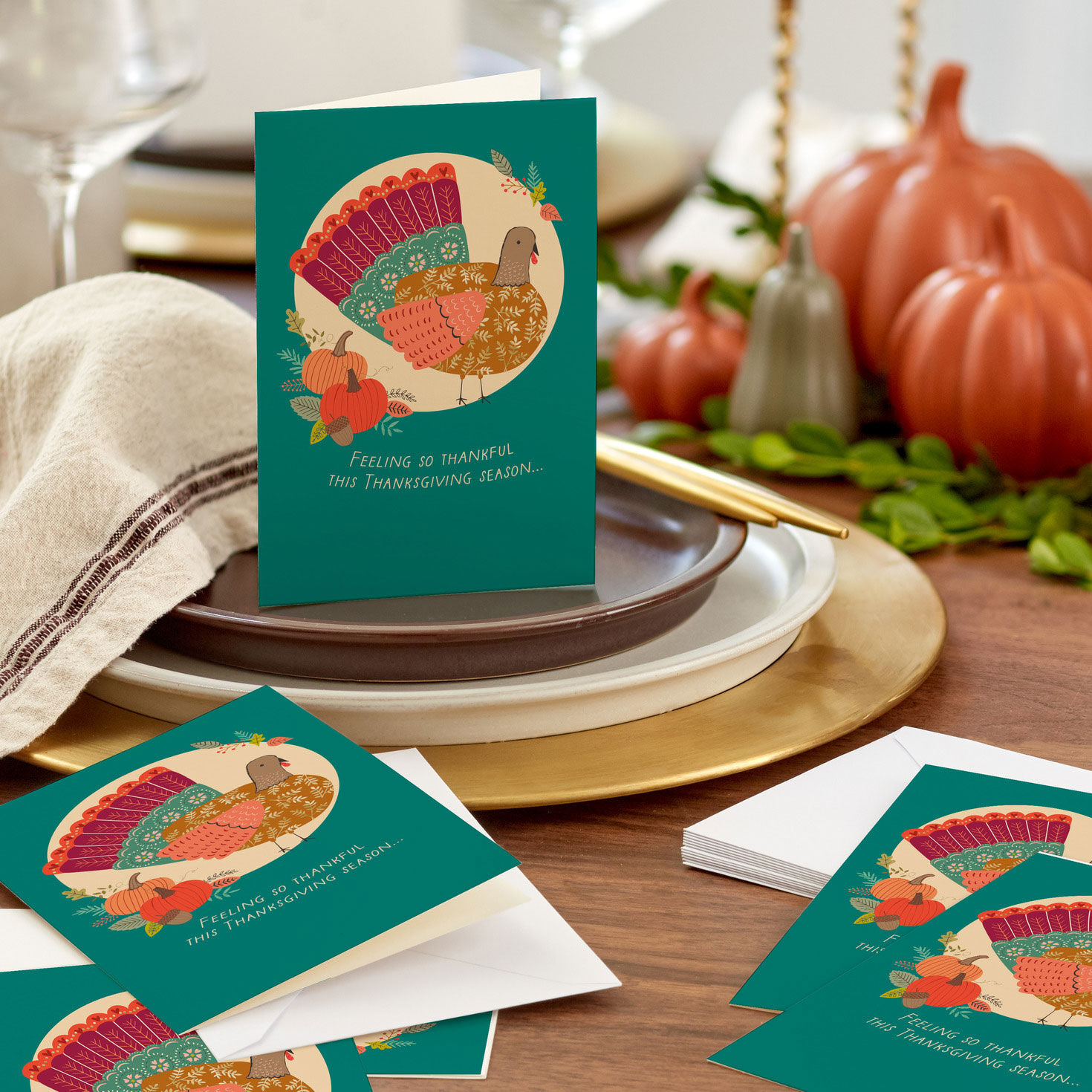 Retro Quilted Turkey Thanksgiving Cards Pack in use image number 6