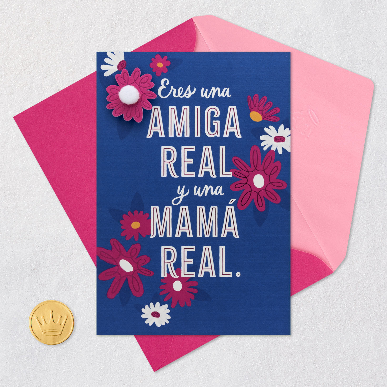 Bright Flowers on Blue Friend Mother's Day Card in Spanish Card Front with Envelope and Gold Seal image number 6