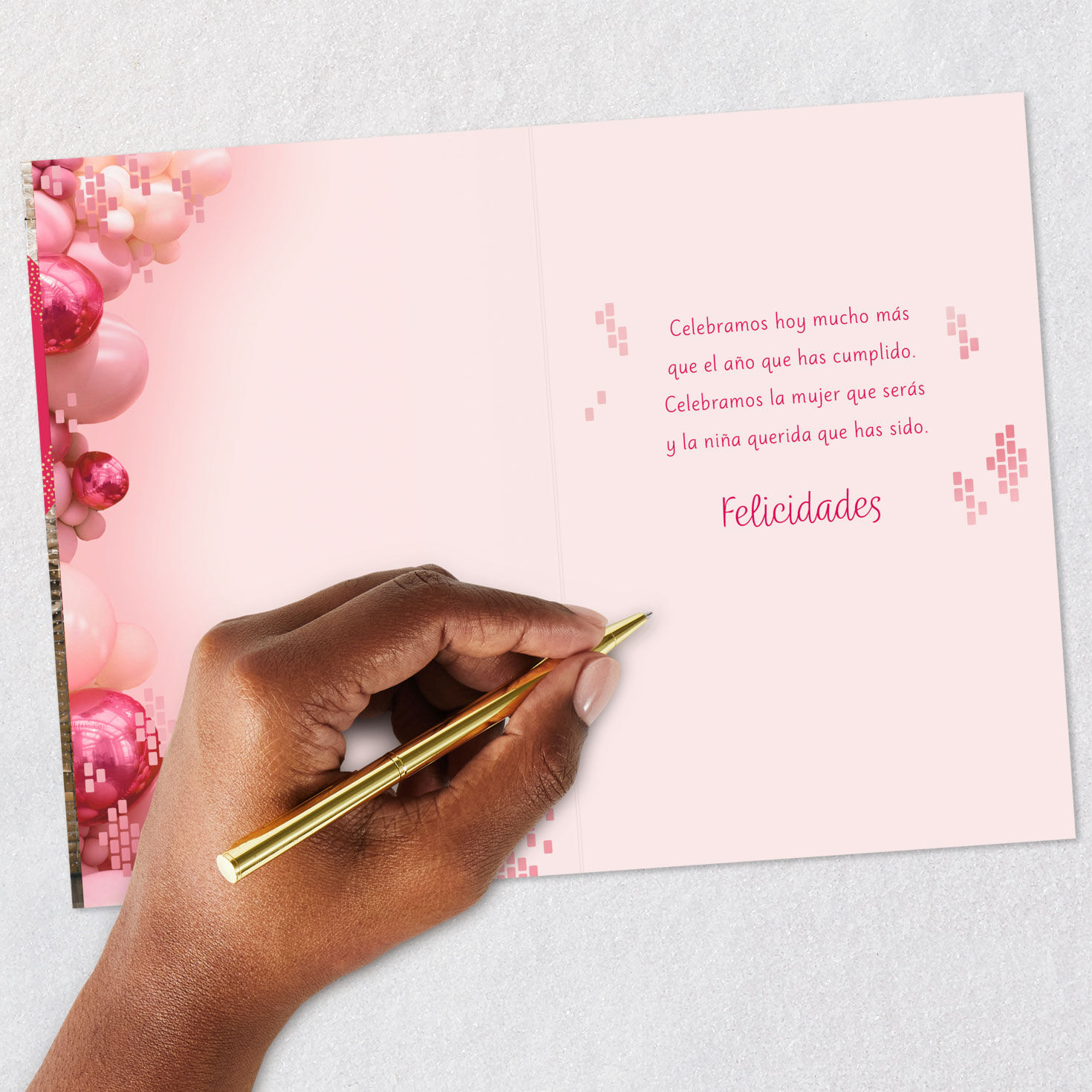 Pink Balls on Reflective Gold 15th Birthday Card in Spanish Signing card image number 7