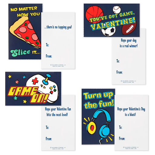 Games and Sports Kids Classroom Valentines Set With Cards, Stickers and Mailbox, 