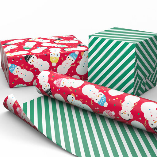 Snowmen on Red/Green Stripes Reversible Christmas Wrapping Paper, 35 sq. ft., 