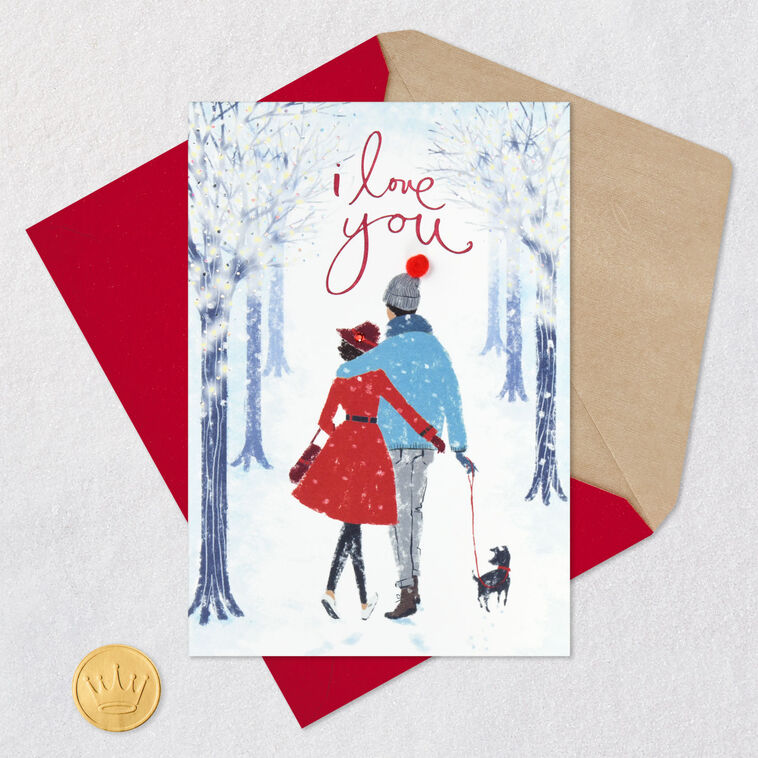 Couple Walking Dog in Snow Romantic Christmas Card Card Front with Envelope and Gold Seal image number 6