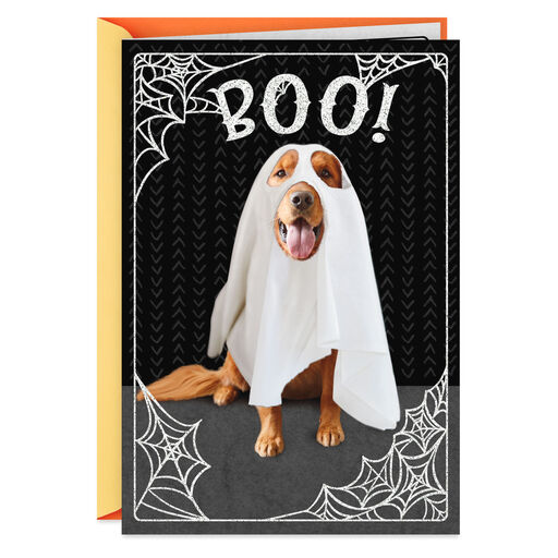 Dog in a Ghost Costume Halloween Card, 