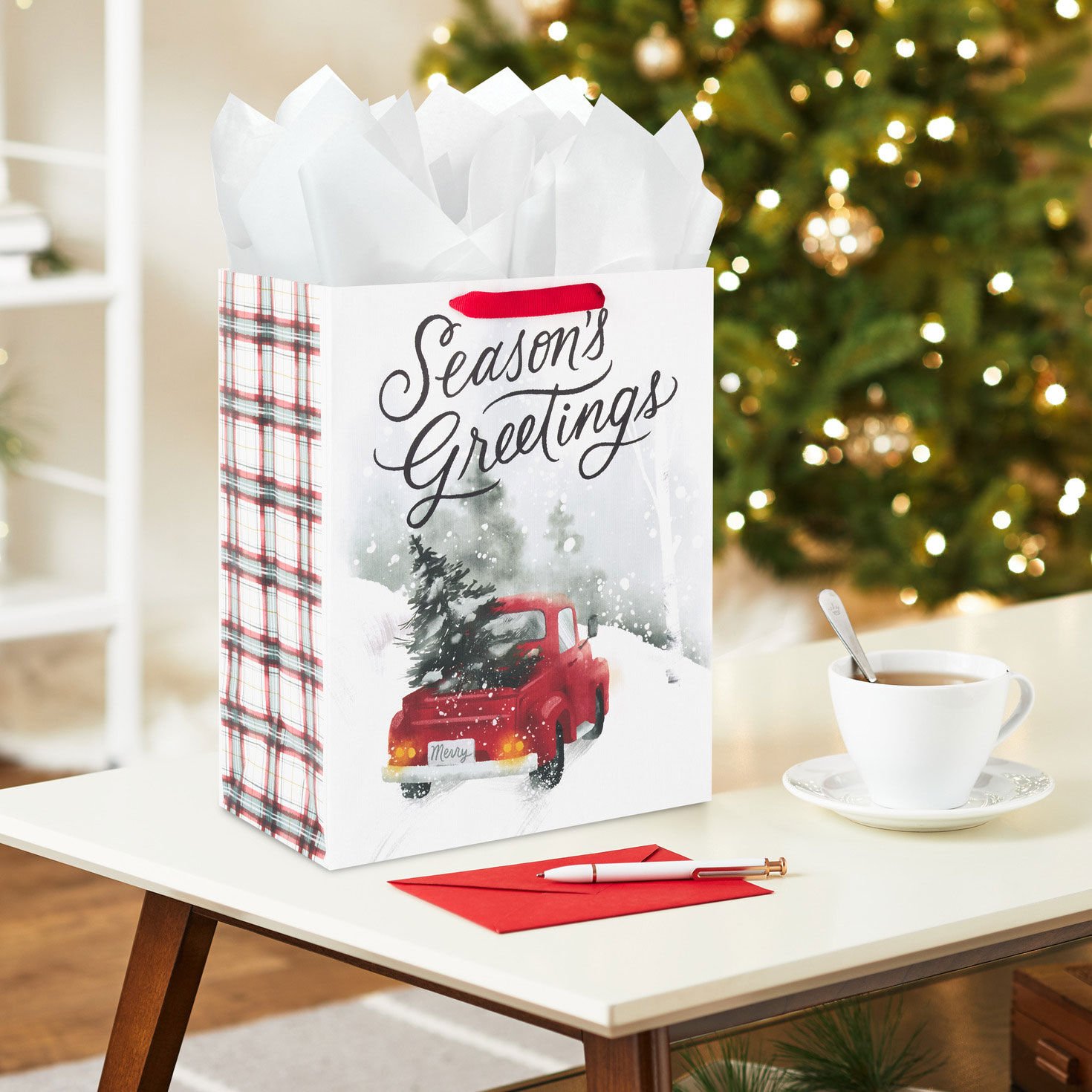 Old Red Truck in Snow Large Christmas Gift Bag In Use image number 2