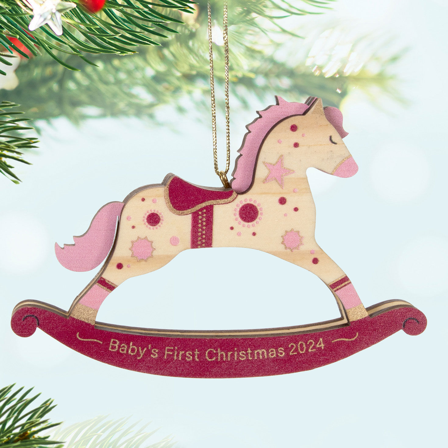 Baby Girl's First Christmas Rocking Horse 2024 Wood Ornament Keepsake
