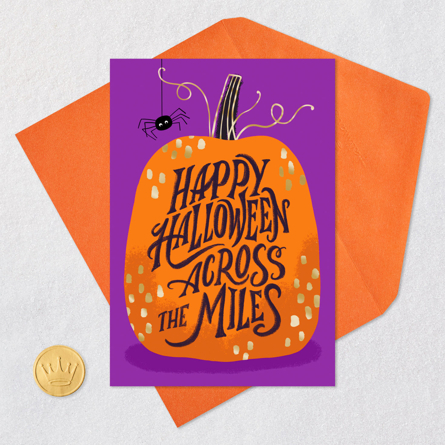Spider on Pumpkin Happy Halloween Card Card Front with Envelope and Gold Seal image number 5