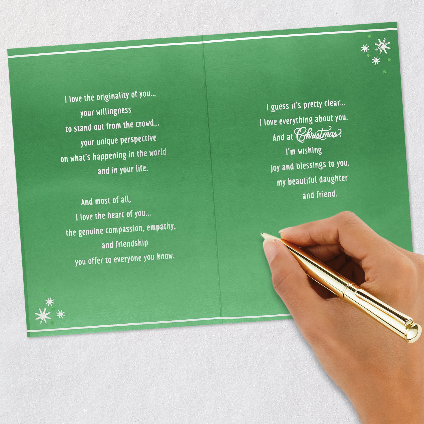 Pink Ornament on Green Christmas Card for Daughter Signing card image number 7