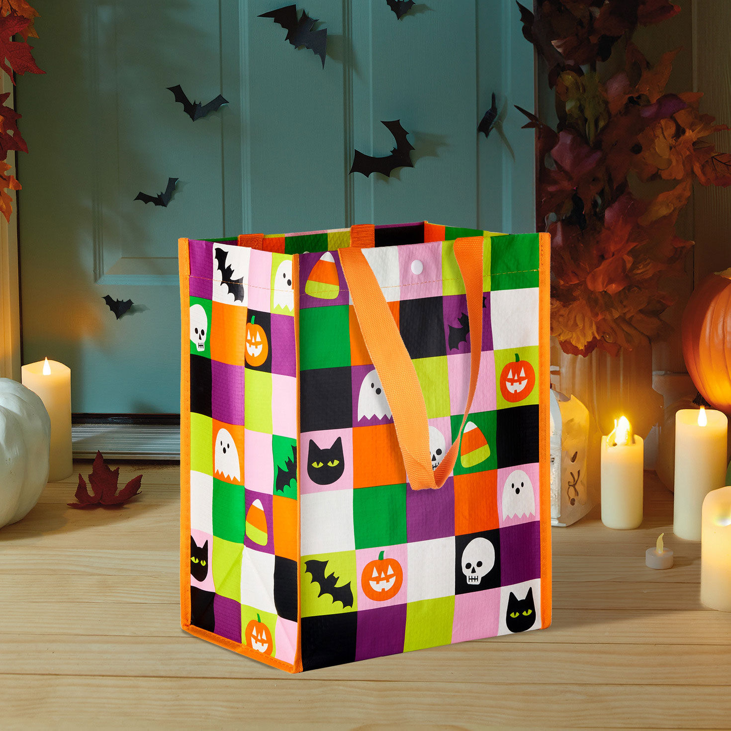 Orange, Green, Purple and Black Halloween Tote Bag in use image number 2