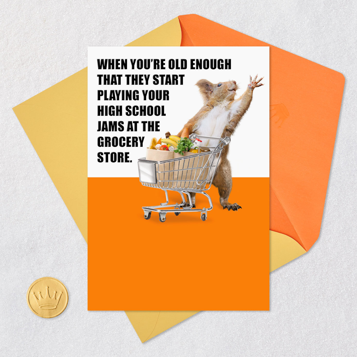 Squirrel With Grocery Cart Funny Birthday Card Card Front with Envelope and Gold Seal image number 5