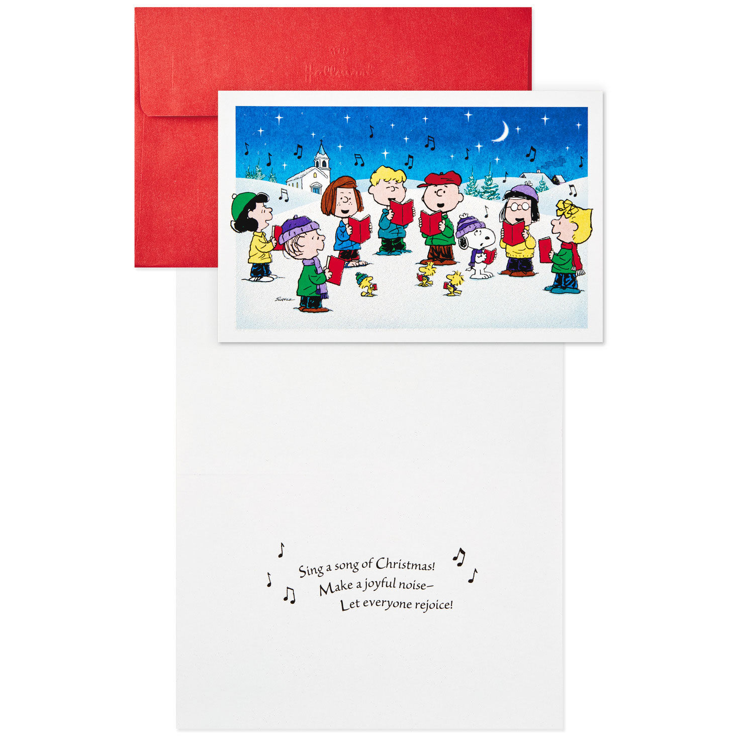 Peanuts Caroling Boxed Christmas Cards Bulk Pack Card Front with Sentiment image number 2