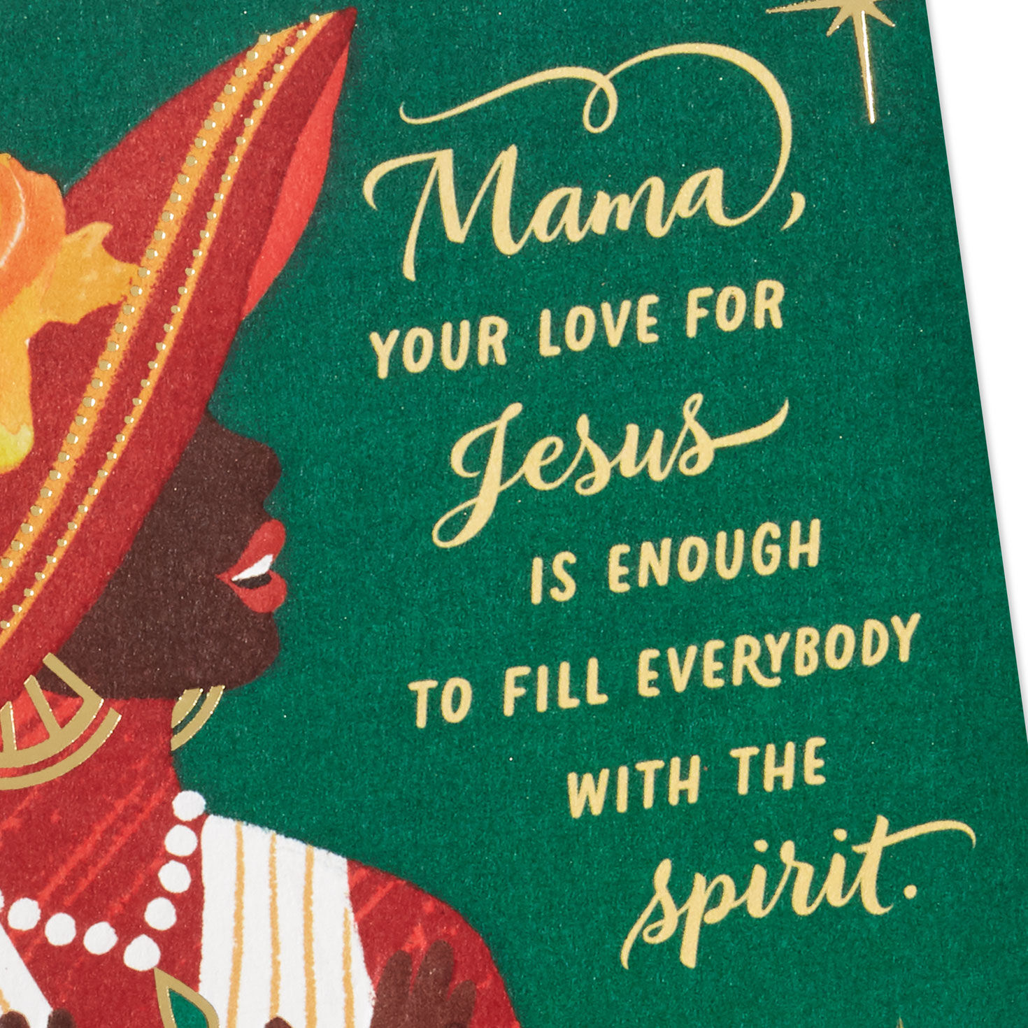 Black Woman in Red and Gold Hat Religious Christmas Card for Mom Card Front Detail image number 5