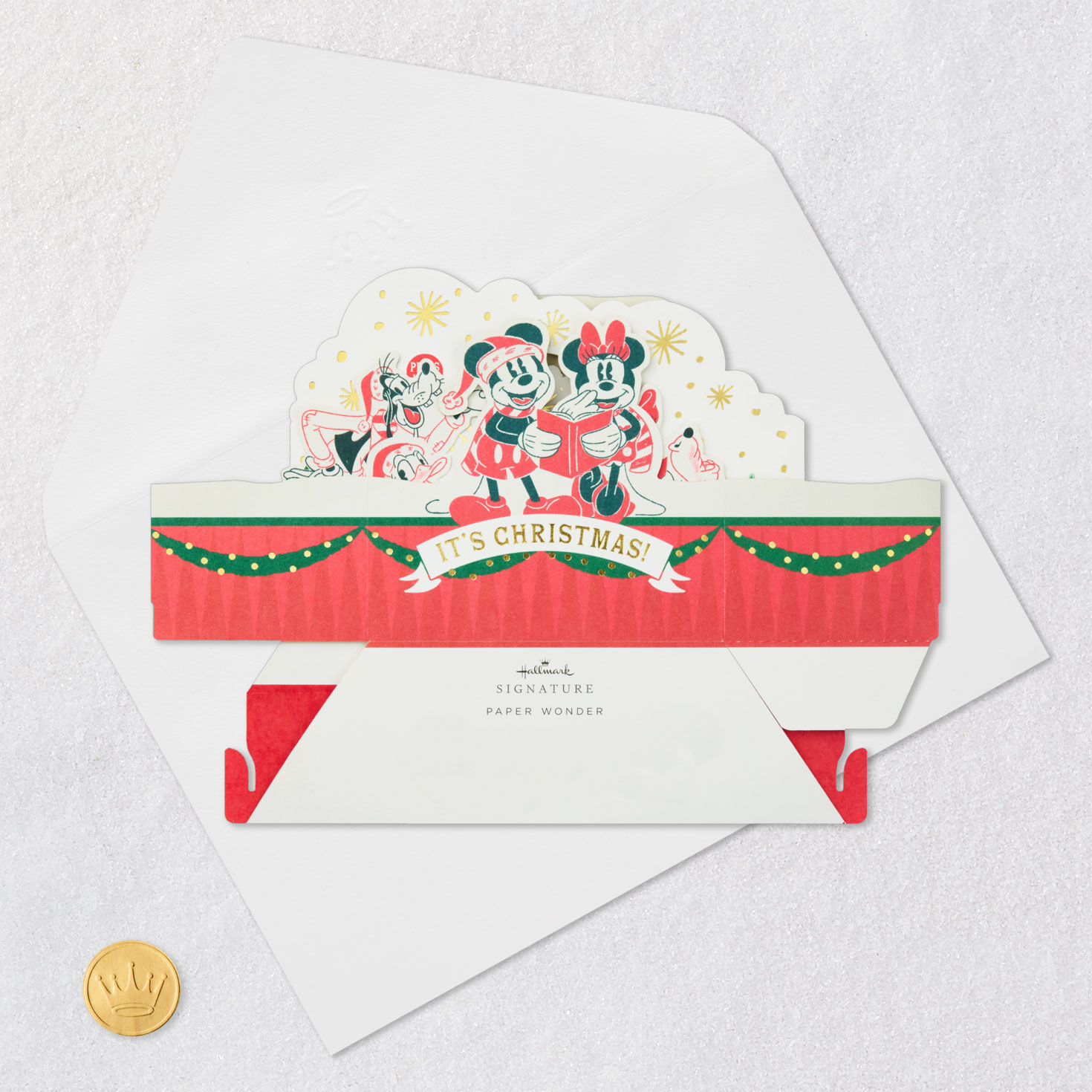 Mickey and Minnie Caroling Musical 3D Christmas Card Card Front with Envelope and Gold Seal image number 6