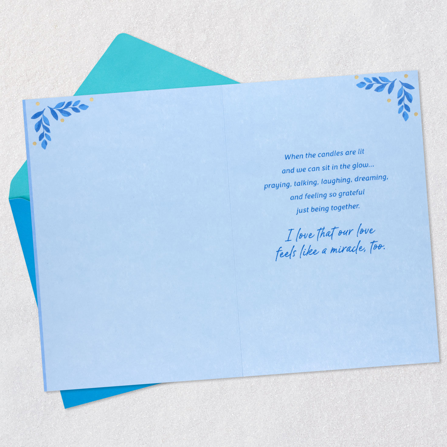 Blue Menorah and Doves Hanukkah Card Open card with envelope image number 3
