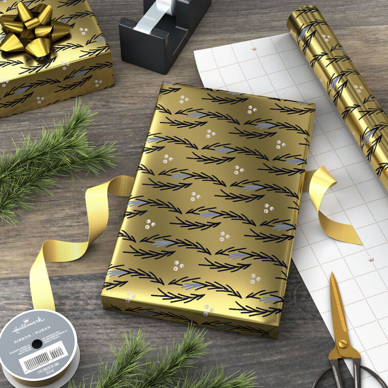 Illustrated Garlands on Gold Metallic Christmas Wrapping Paper Roll, 22.5 sq. ft., , large image number 3