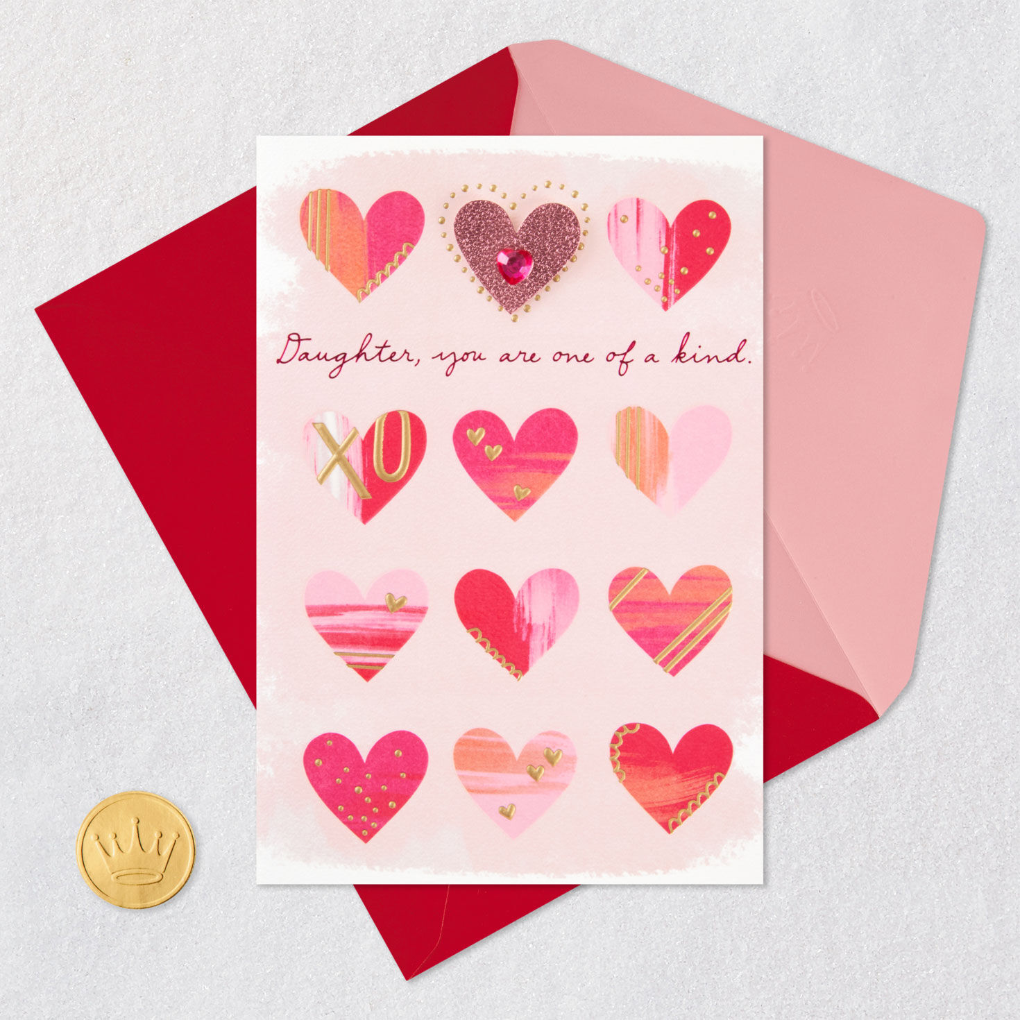 Sparkly Watercolor Hearts Daughter Valentine's Card Card Front with Envelope and Gold Seal image number 5