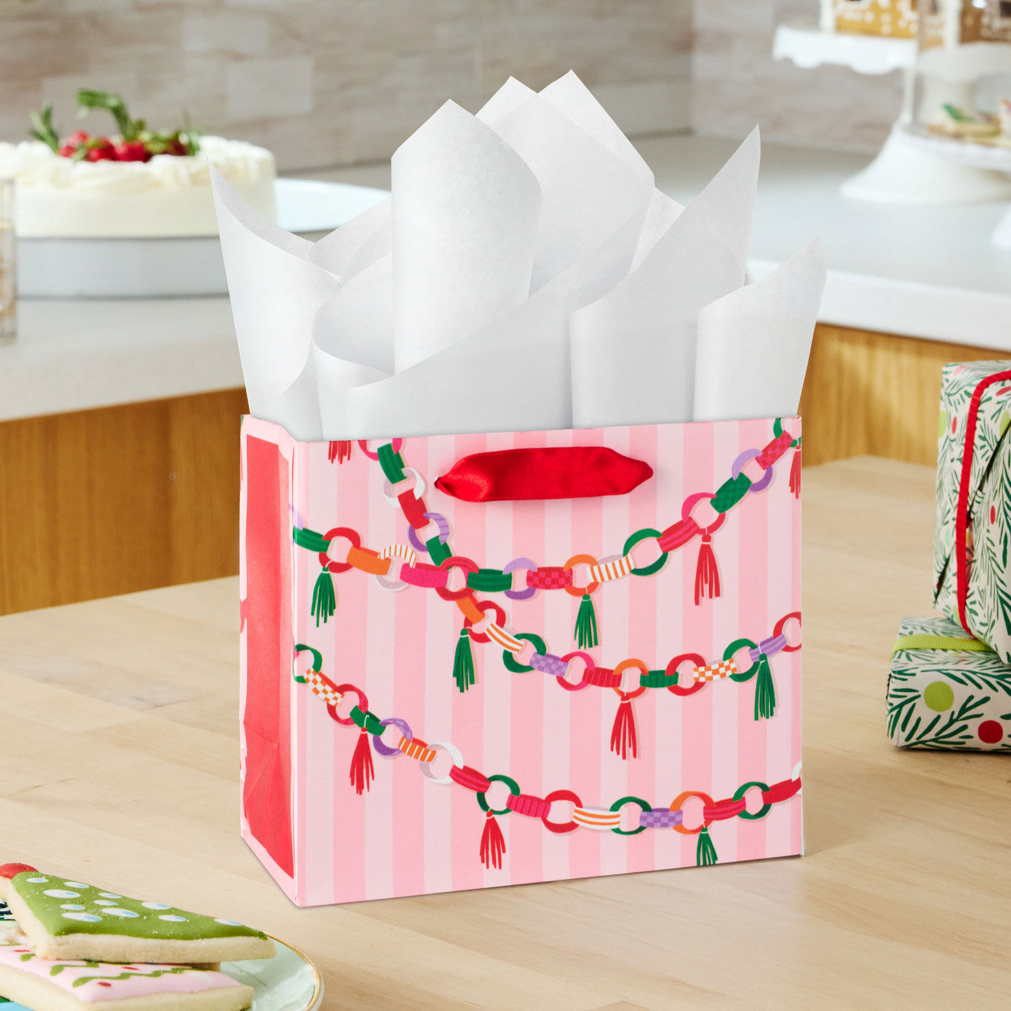 Paper Chains on Pink Stripes Small Holiday Gift Bag in use image number 2