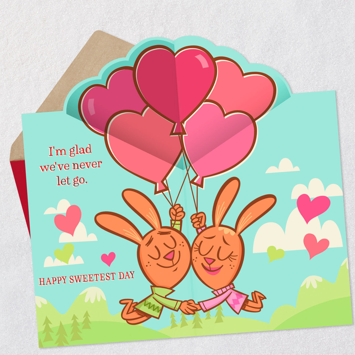 Bunnies With Heart Balloons Pop-Up Sweetest Day Card Open card with envelope image number 2