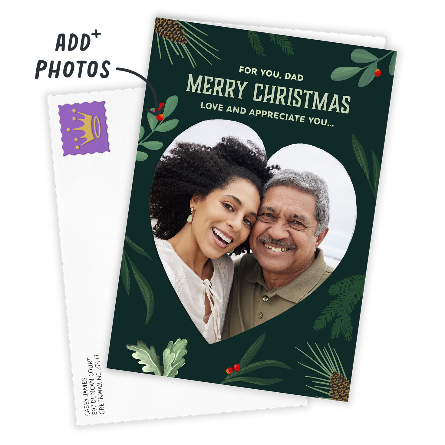 Heart Photo Personalized Christmas Card for Dad Card Front indicating personalization image number 2