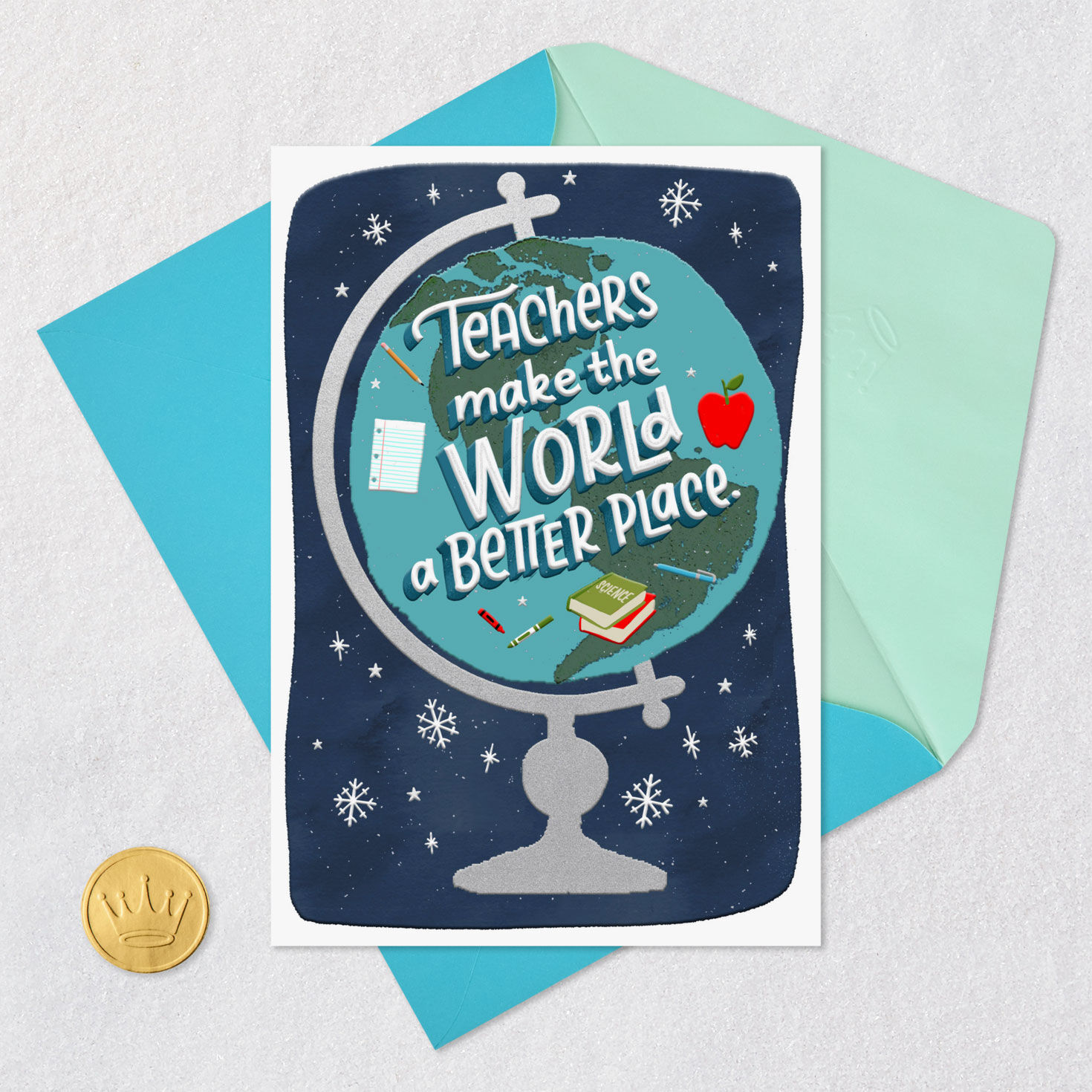 Snowy Globe Holiday Appreciation Card for Teacher Card Front with Envelope and Gold Seal image number 5