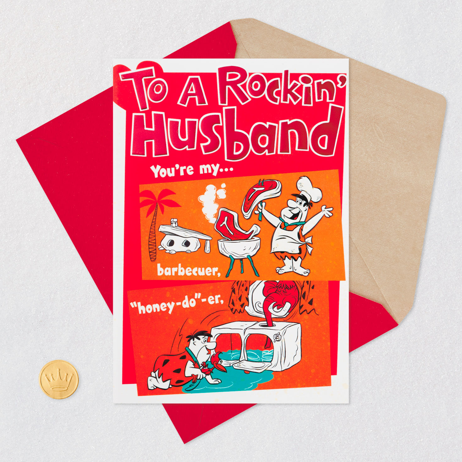 Flintstones Funny Valentine's Day Card for Husband Card Front with Envelope and Gold Seal image number 7