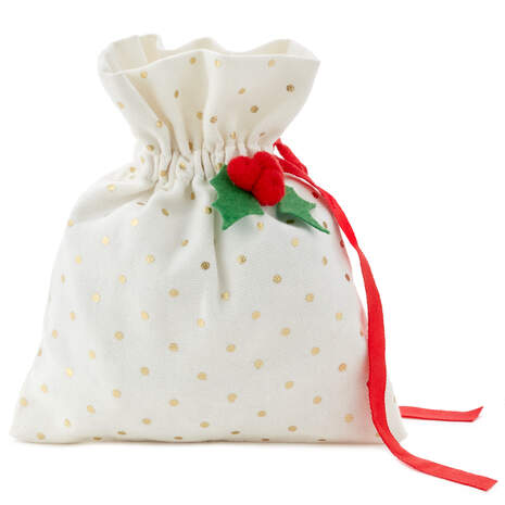 7" White Canvas With Gold Dots Fabric Christmas Gift Bag, , large