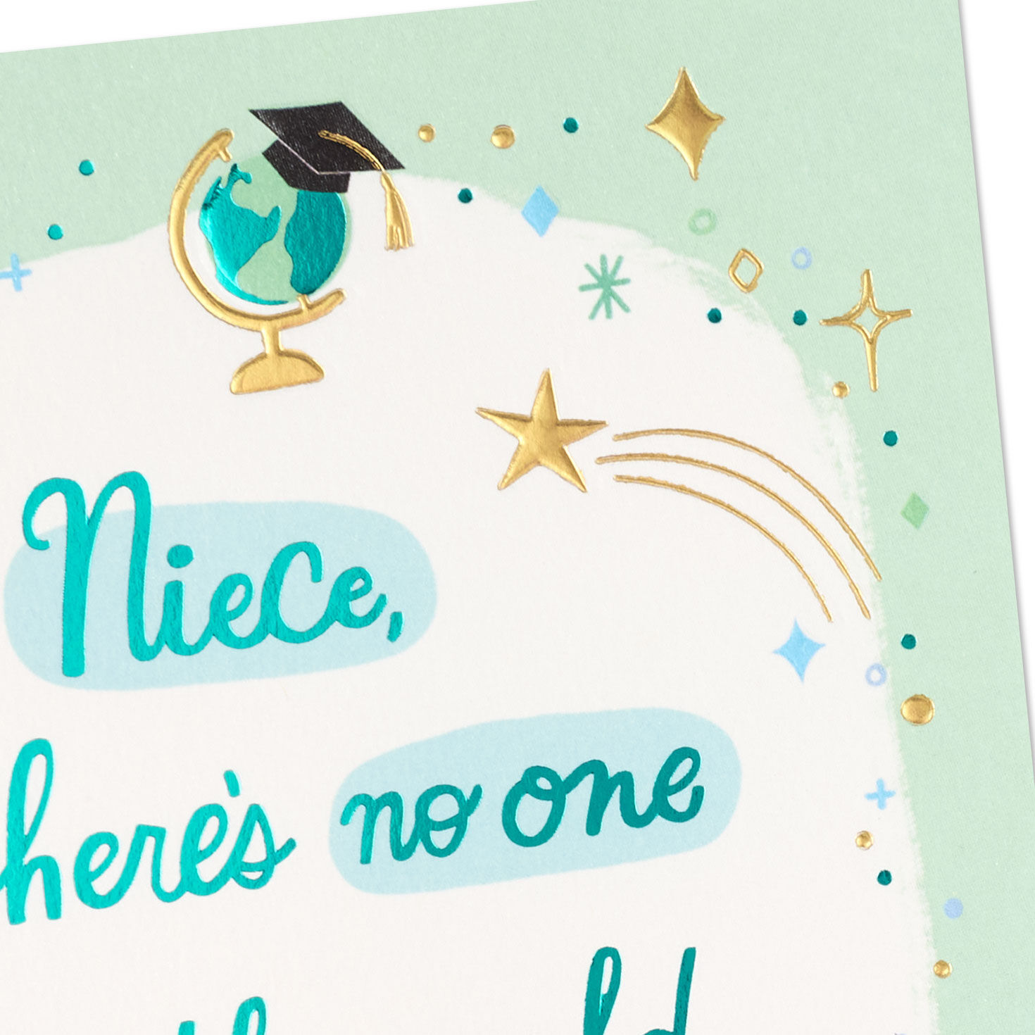 Mint Green Globe with Mortarboard Graduation Card for Niece Card Front Detail image number 5
