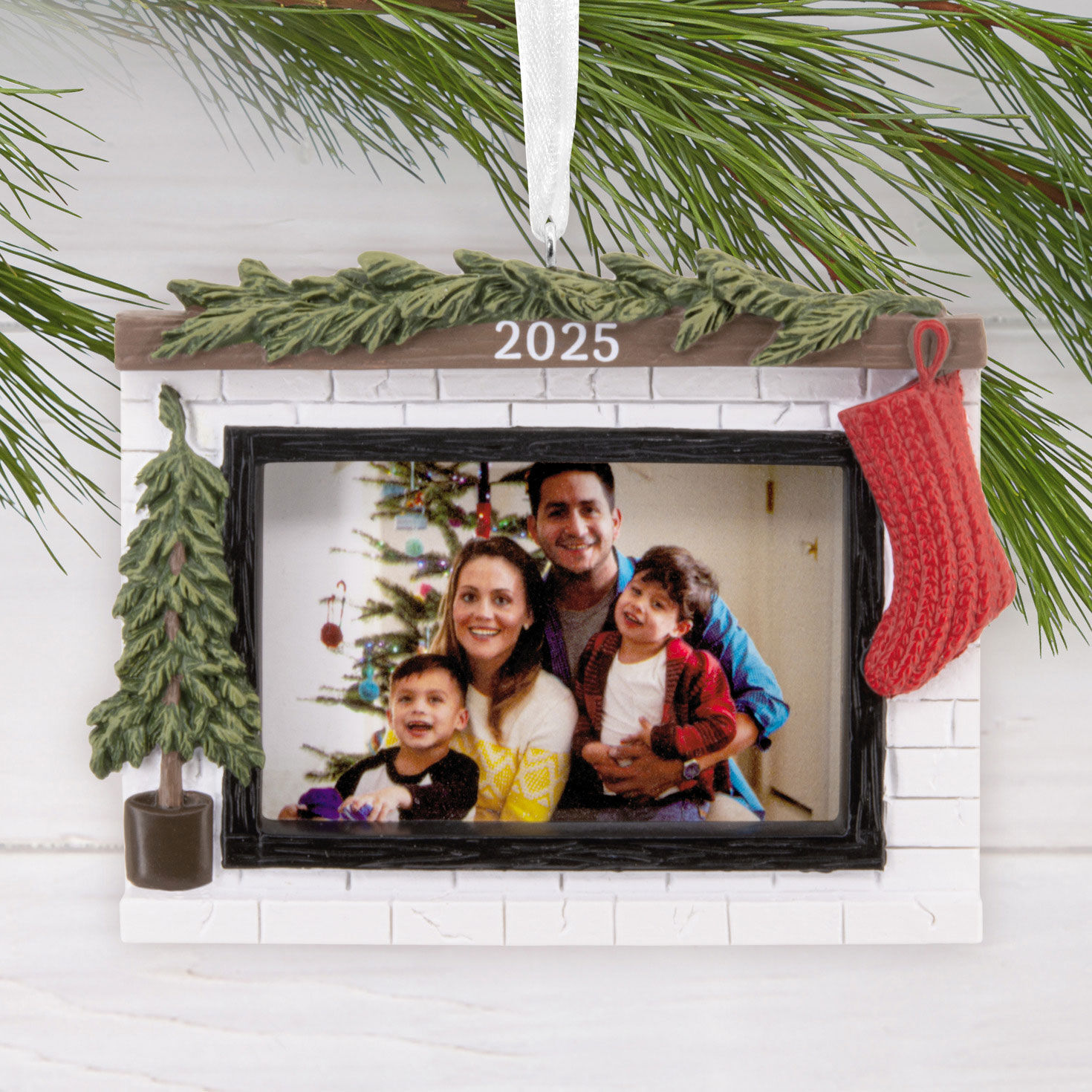 Rustic Fireplace Photo Frame Christmas Ornament Hanging on tree image number 2