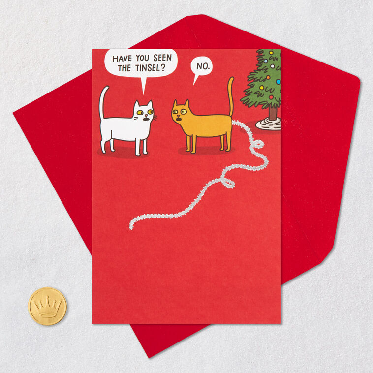 Two Cats with Tree and Tinsel Red Christmas Card Card Front with Envelope and Gold Seal image number 5