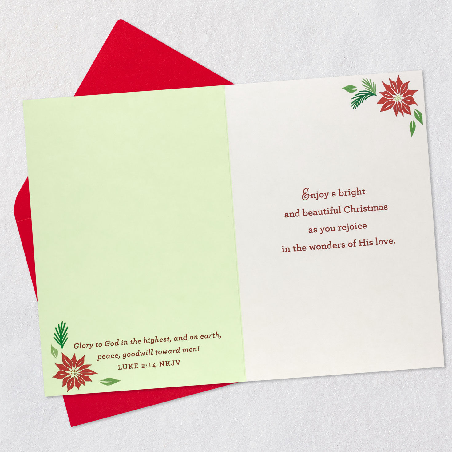 Poinsettia Joy to the World Christmas Card Open card with envelope image number 4