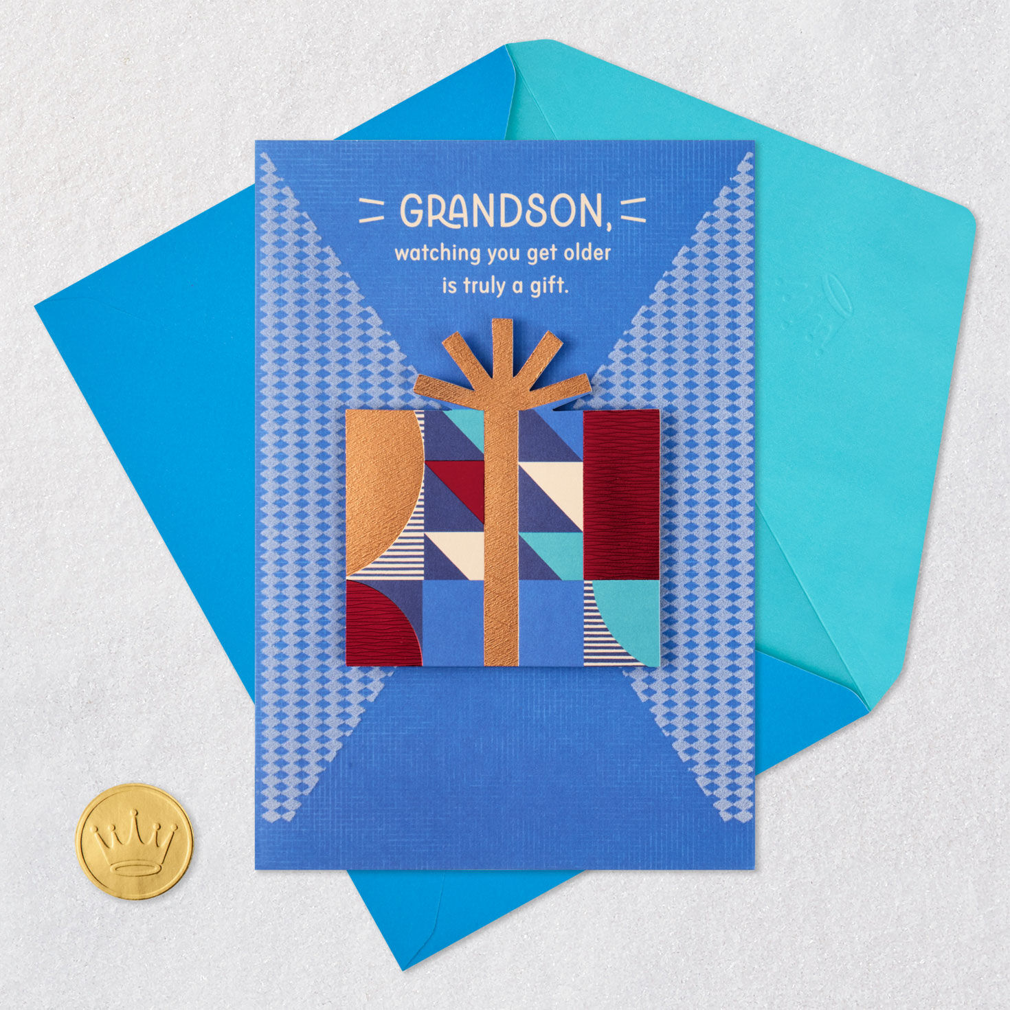 Abstract Navy, Bronze and Red Present Grandson Birthday Card Card Front with Envelope and Gold Seal image number 6
